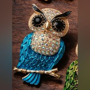 Blue & Golden, Mint Colorful Crystal Owl Brooch, Chunky